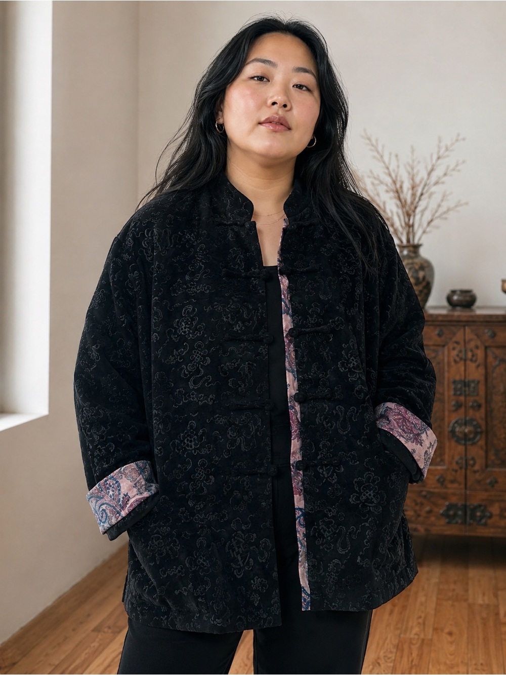 Black Tapestry  Mandarin Collar Jacket  Paisley Trim  Frog Toggle  Closure XXXL